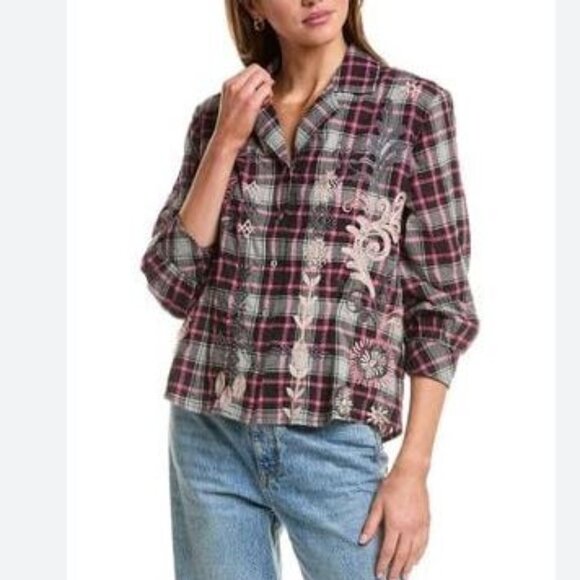 NWT Johnny Was Biya Workshop JWLA Embroidered Vintage Shirt Bellania Plaid - Picture 1 of 8